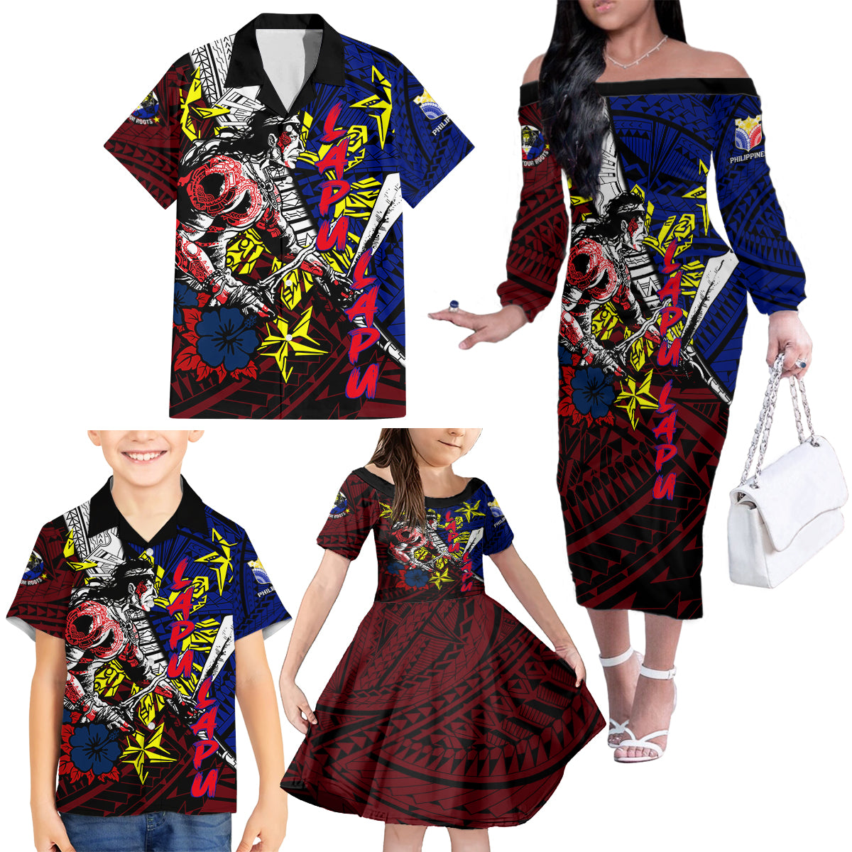 Philippines Lapu Lapu Family Matching Off Shoulder Long Sleeve Dress and Hawaiian Shirt Chief Filipino Tattoo DT02 - Polynesian Pride