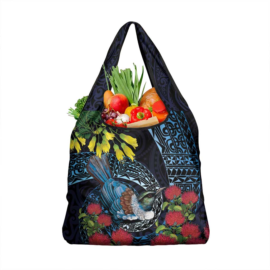 New Zealand Tui Bird Grocery Bag Maori Koru Mix Pohutukawa DT04 1-pack One Size Black - Polynesian Pride
