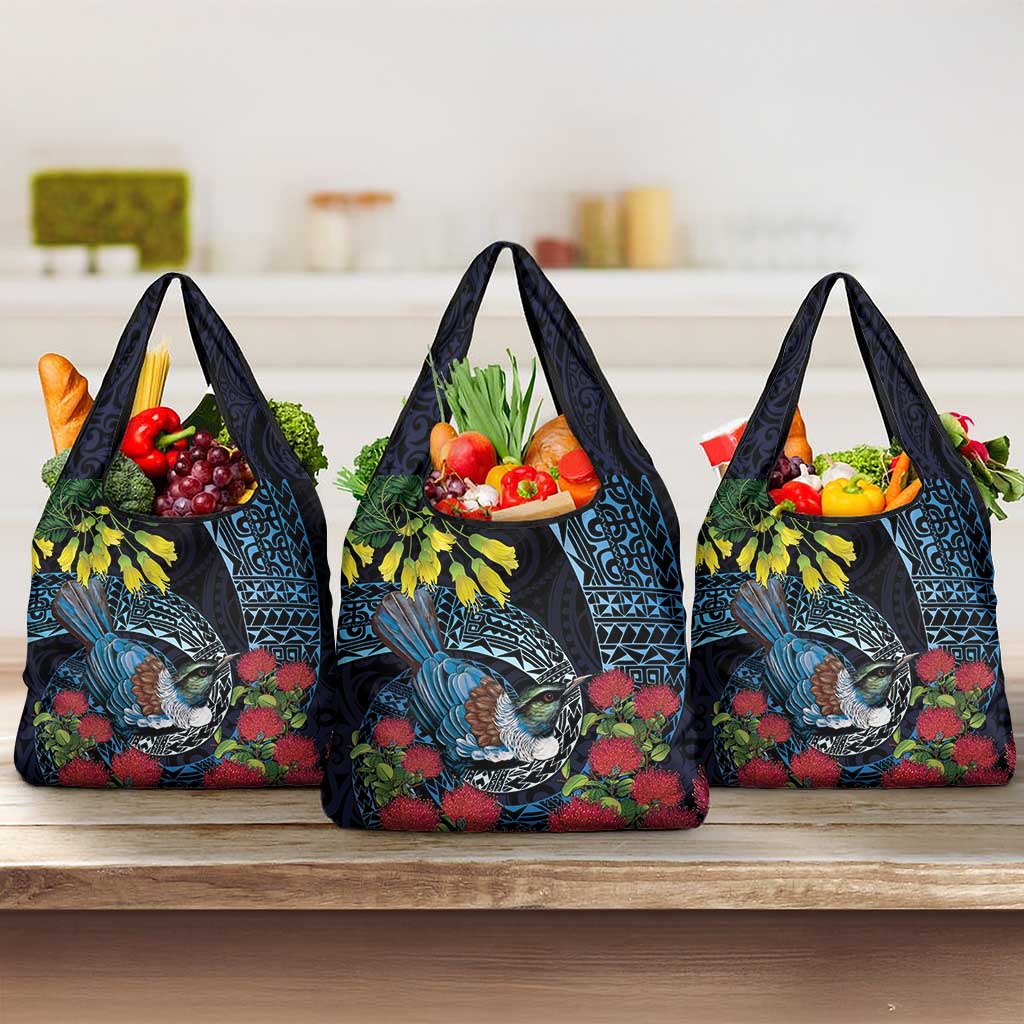 New Zealand Tui Bird Grocery Bag Maori Koru Mix Pohutukawa DT04 3-pack One Size Black - Polynesian Pride