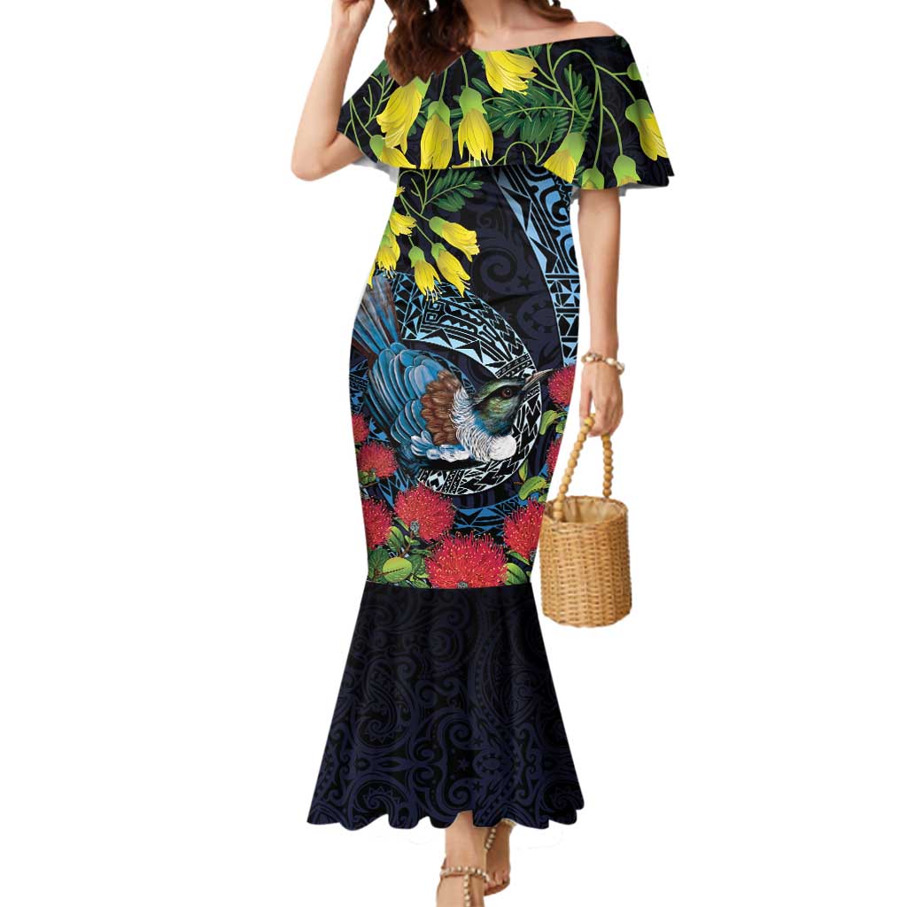 New Zealand Tui Bird Mermaid Dress Maori Koru Mix Pohutukawa