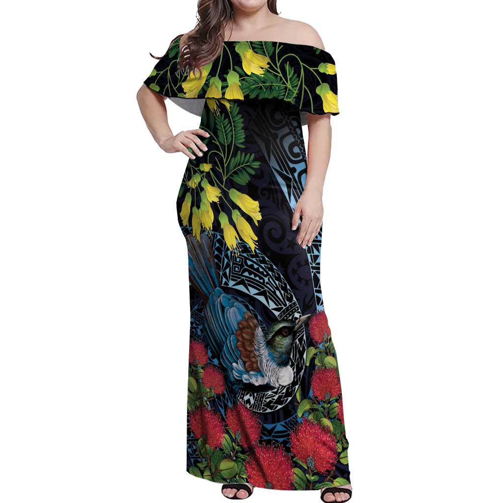 New Zealand Tui Bird Off Shoulder Maxi Dress Maori Koru Mix Pohutukawa