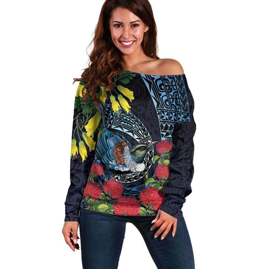 New Zealand Tui Bird Off Shoulder Sweater Maori Koru Mix Pohutukawa DT04 Women Black - Polynesian Pride
