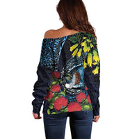 New Zealand Tui Bird Off Shoulder Sweater Maori Koru Mix Pohutukawa DT04 - Polynesian Pride