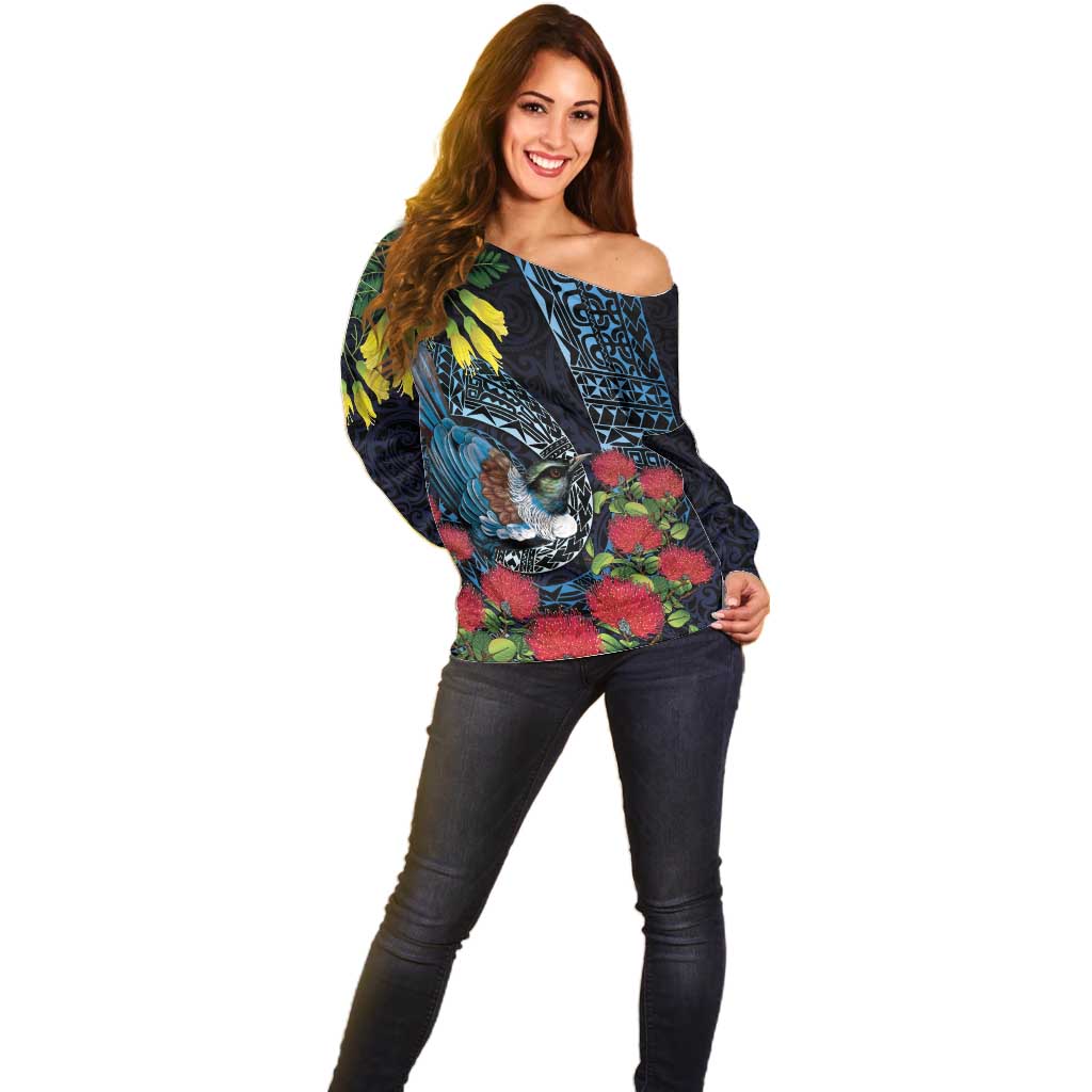 New Zealand Tui Bird Off Shoulder Sweater Maori Koru Mix Pohutukawa DT04 - Polynesian Pride