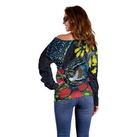 New Zealand Tui Bird Off Shoulder Sweater Maori Koru Mix Pohutukawa DT04 - Polynesian Pride
