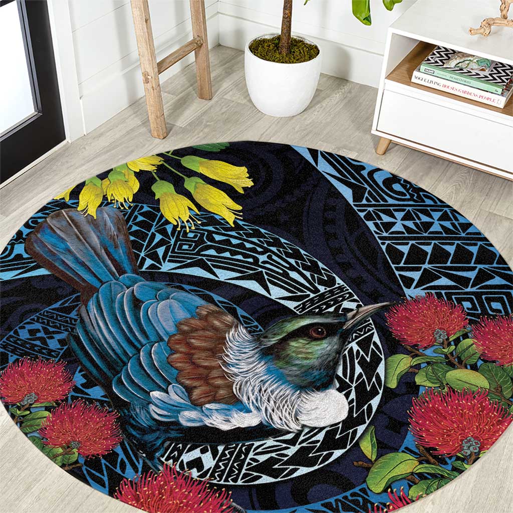 New Zealand Tui Bird Round Carpet Maori Koru Mix Pohutukawa DT04 Black - Polynesian Pride