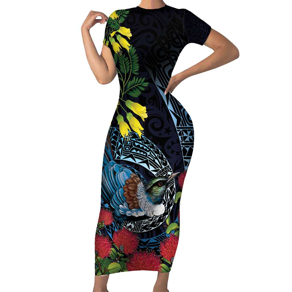 New Zealand Tui Bird Short Sleeve Bodycon Dress Maori Koru Mix Pohutukawa