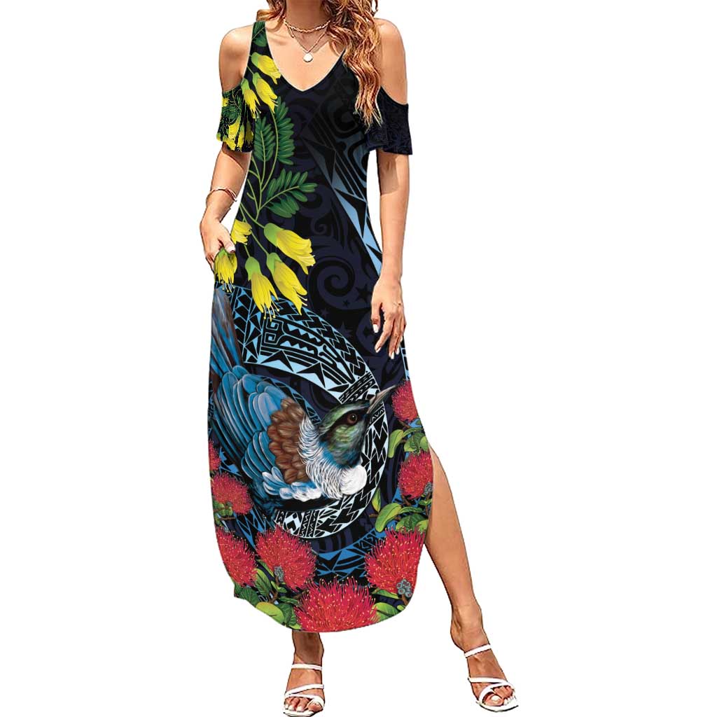 New Zealand Tui Bird Summer Maxi Dress Maori Koru Mix Pohutukawa DT04 Women Black - Polynesian Pride