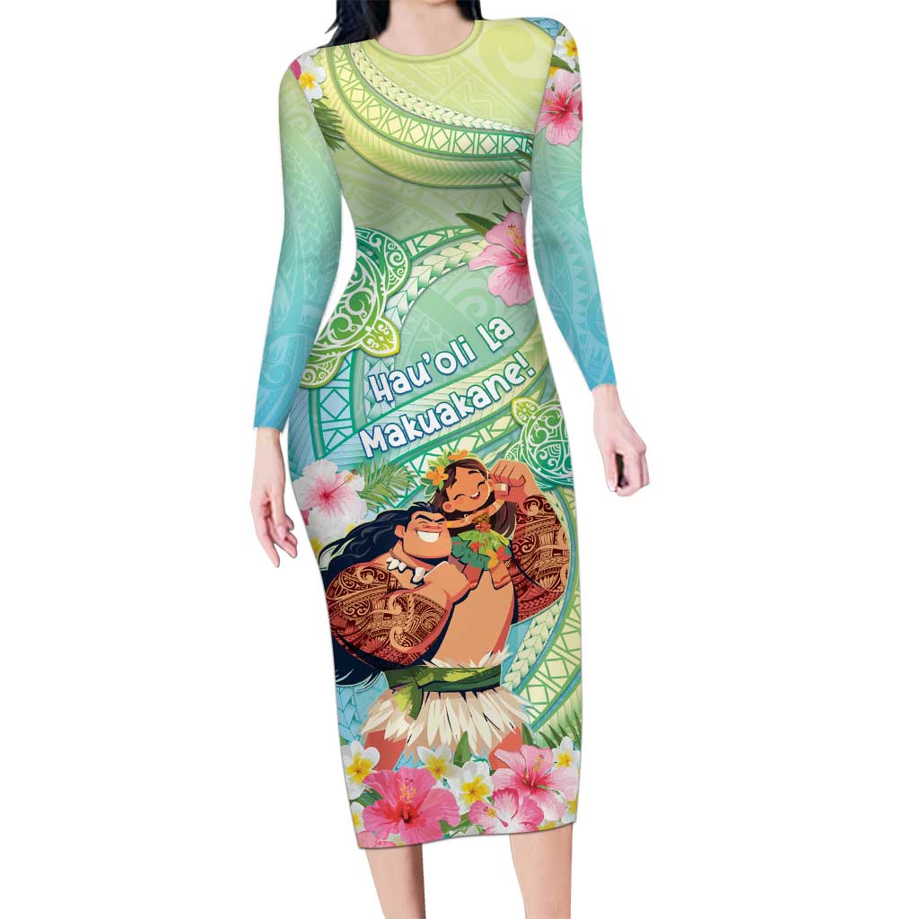 Personalised Hawaii Father's Day Long Sleeve Bodycon Dress Happy Father And Child DT04 Long Dress Green - Polynesian Pride