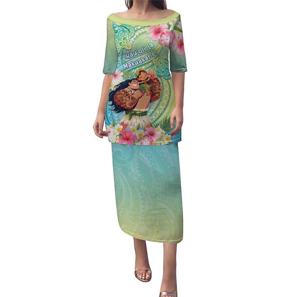 Personalised Hawaii Father's Day Puletasi Happy Father And Child DT04 Long Dress Green - Polynesian Pride