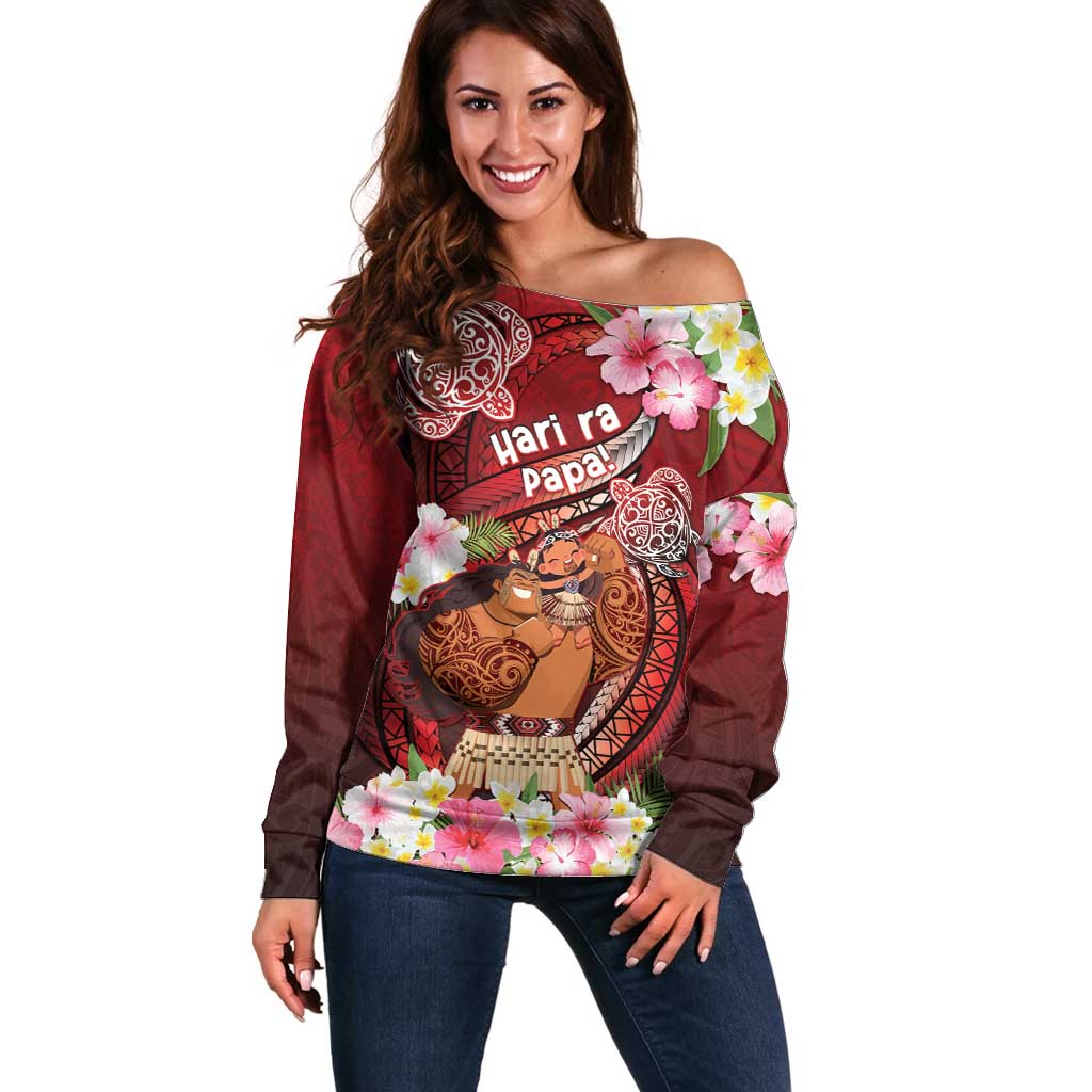 Personalised New Zealand Father's Day Off Shoulder Sweater Happy Father And Child DT04 Women Red - Polynesian Pride