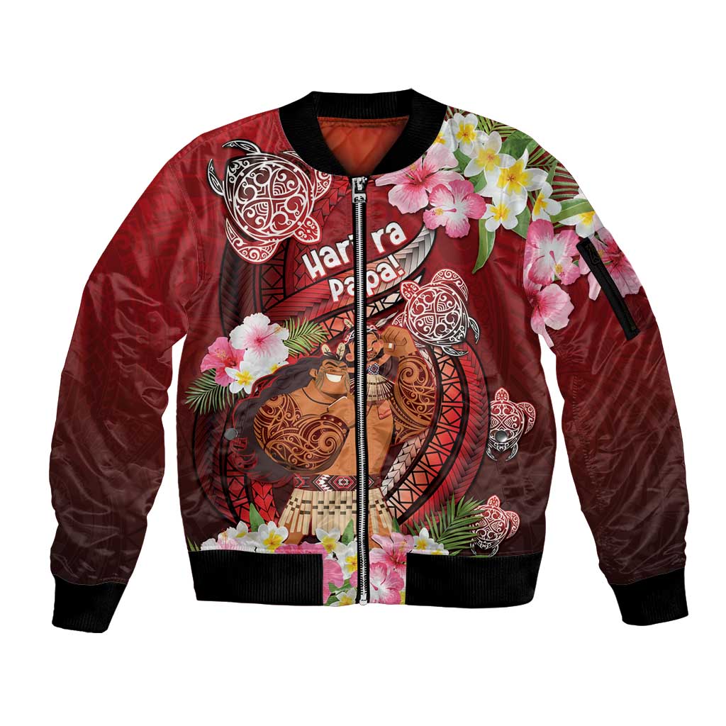 Personalised New Zealand Father's Day Sleeve Zip Bomber Jacket Happy Father And Child DT04 Unisex Red - Polynesian Pride