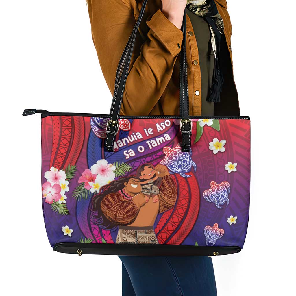 Samoa Father's Day Leather Tote Bag Happy Father And Child DT04 - Polynesian Pride