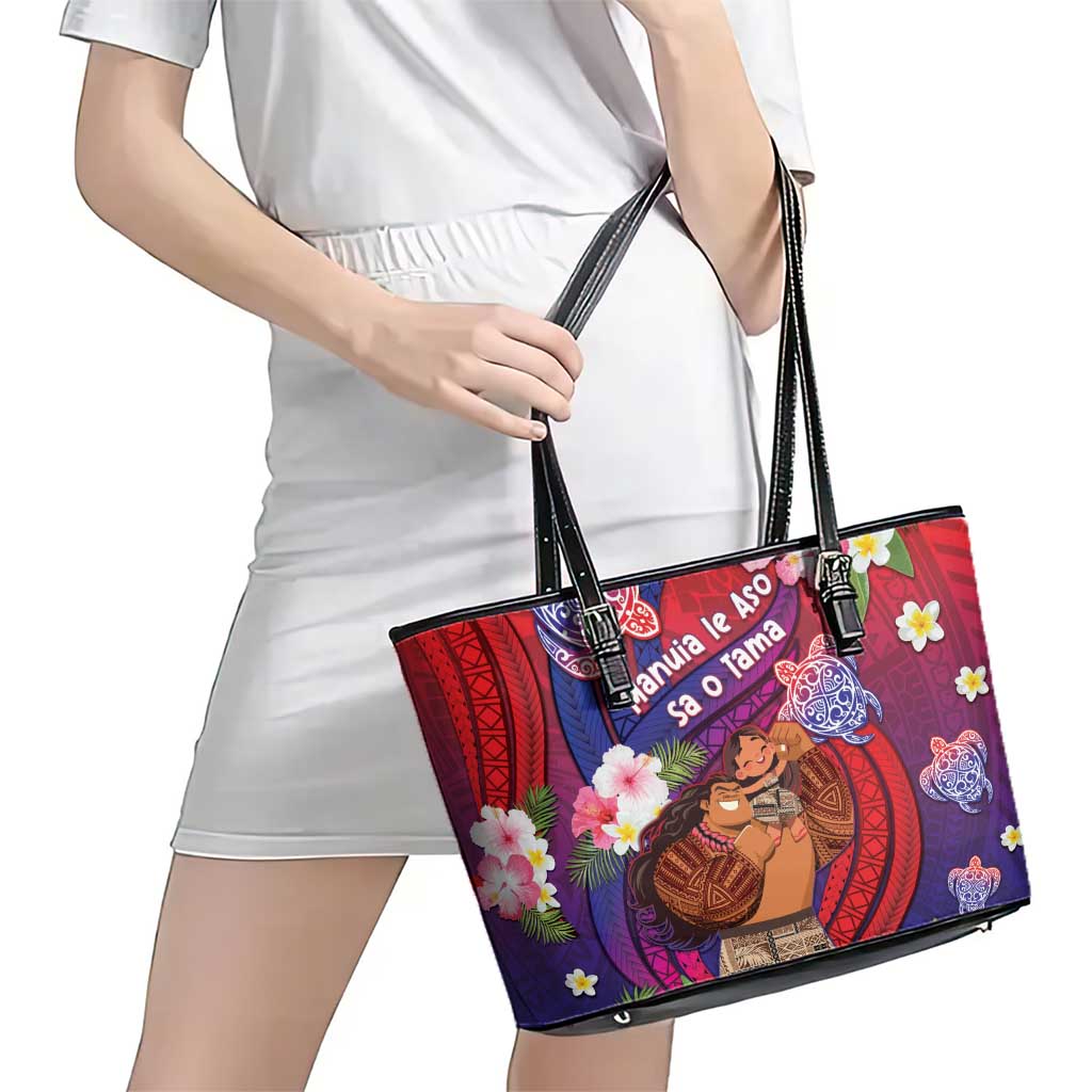 Samoa Father's Day Leather Tote Bag Happy Father And Child DT04 - Polynesian Pride