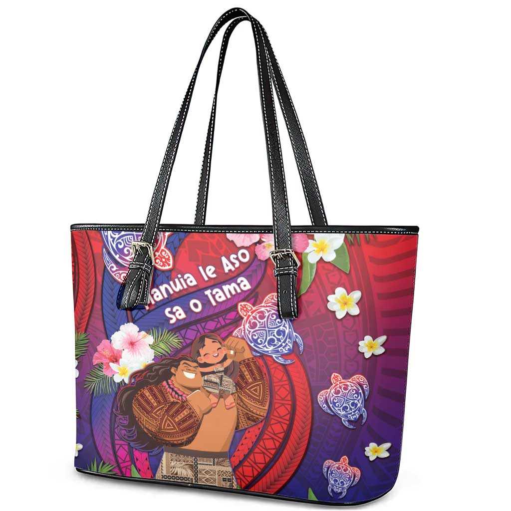 Samoa Father's Day Leather Tote Bag Happy Father And Child DT04 - Polynesian Pride