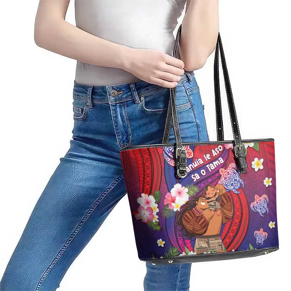 Samoa Father's Day Leather Tote Bag Happy Father And Child DT04 - Polynesian Pride