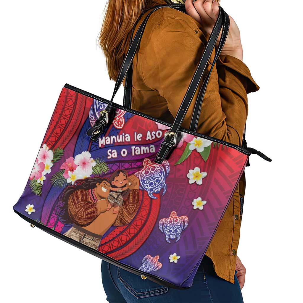 Samoa Father's Day Leather Tote Bag Happy Father And Child DT04 - Polynesian Pride