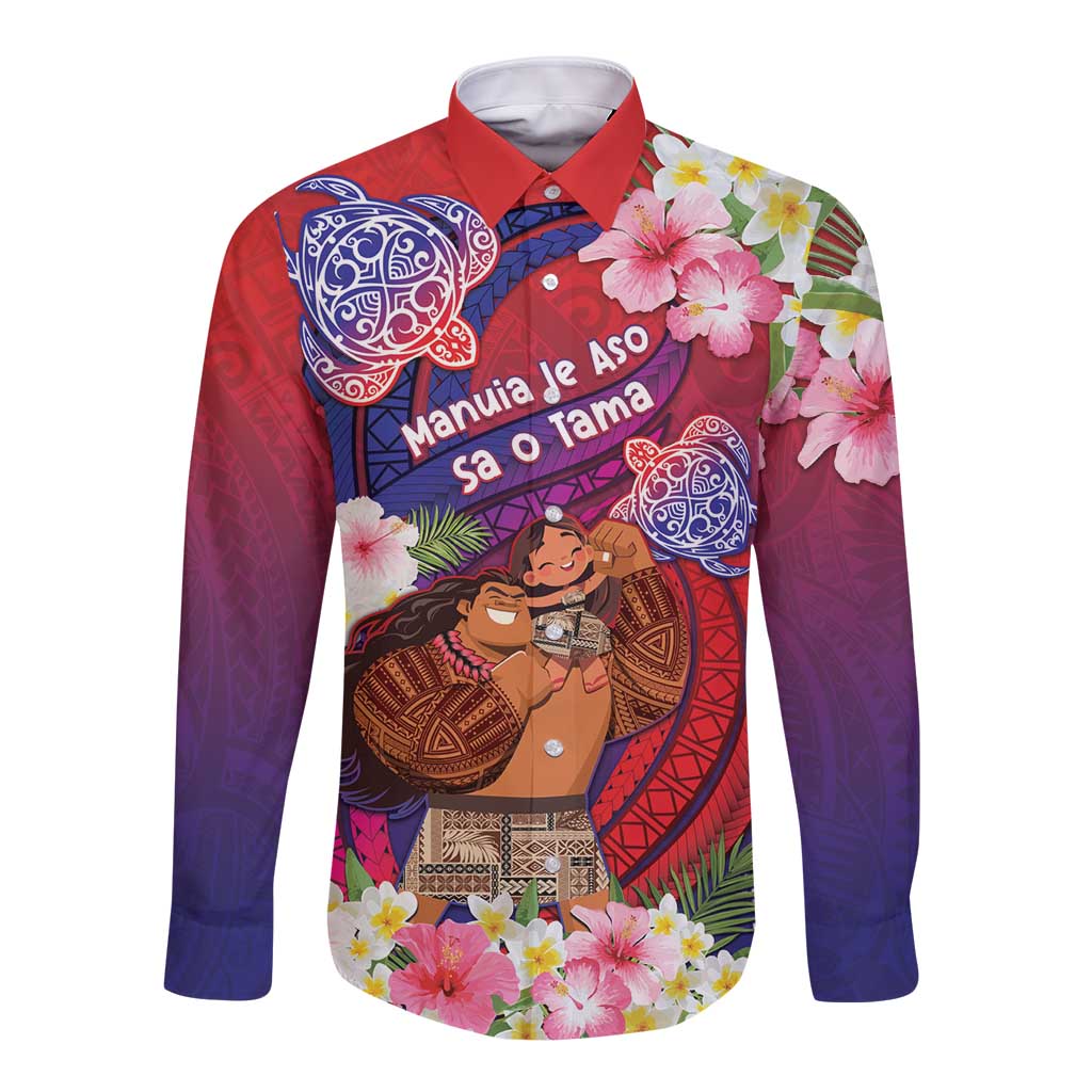 Personalised Samoa Father's Day Long Sleeve Button Shirt Happy Father And Child DT04 Unisex Red - Polynesian Pride