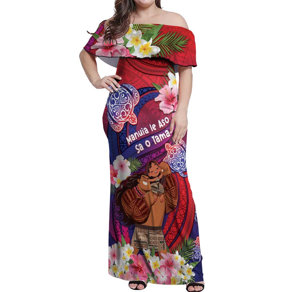 Personalised Samoa Father's Day Off Shoulder Maxi Dress Happy Father And Child DT04 Women Red - Polynesian Pride