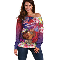 Personalised Samoa Father's Day Off Shoulder Sweater Happy Father And Child DT04 Women Red - Polynesian Pride