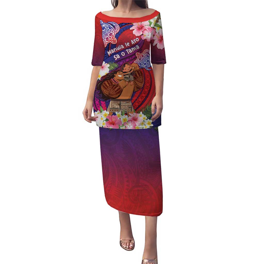 Personalised Samoa Father's Day Puletasi Happy Father And Child DT04 Long Dress Red - Polynesian Pride
