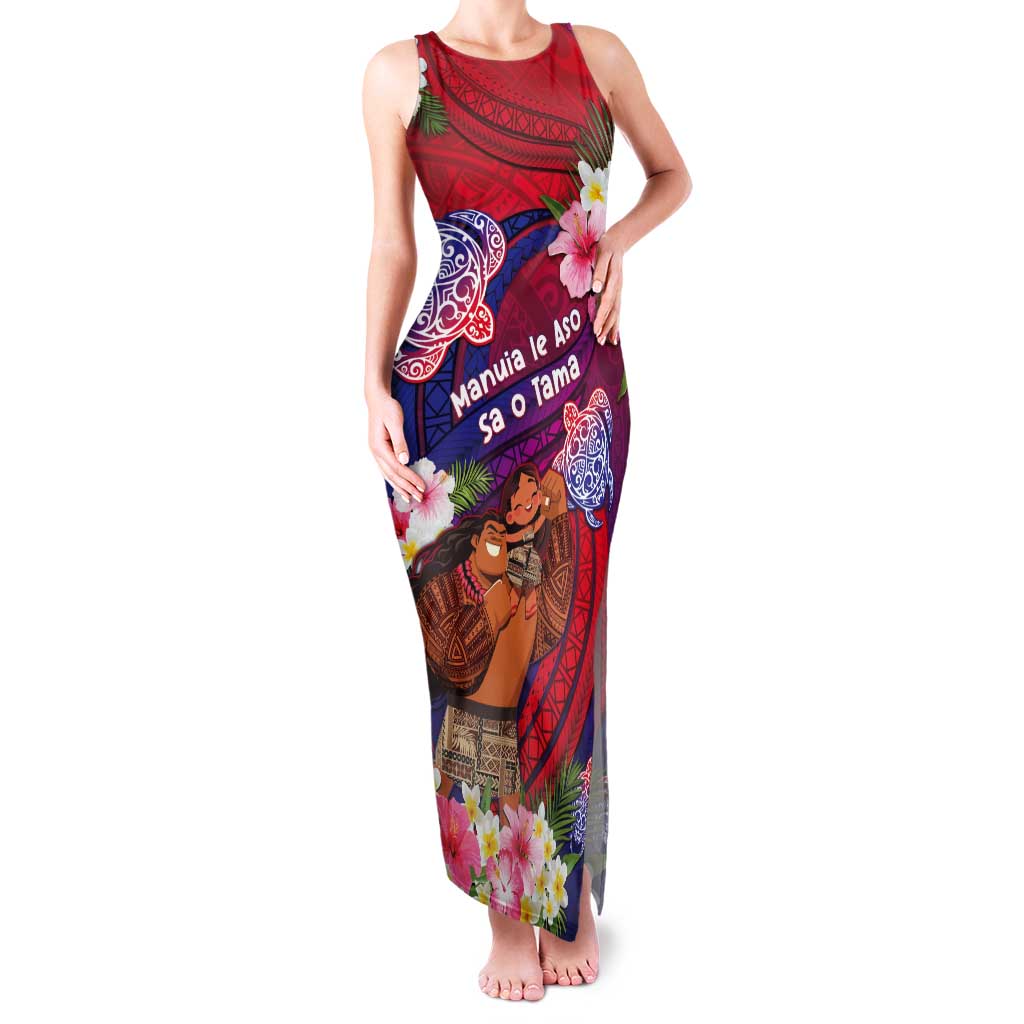 Personalised Samoa Father's Day Tank Maxi Dress Happy Father And Child DT04 Women Red - Polynesian Pride