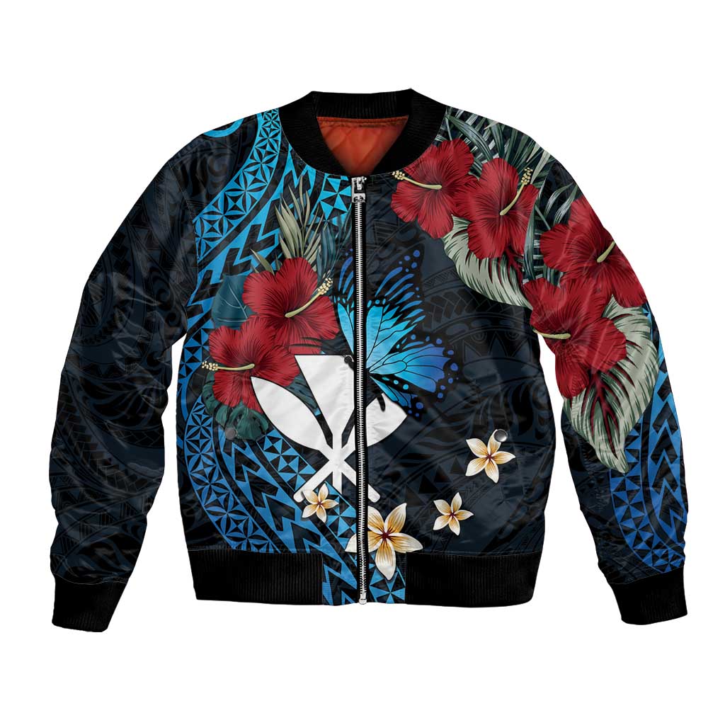 Hawaii Butterfly Bomber Jacket Kanaka Maoli Mix Hibiscus DT04 Unisex Black - Polynesian Pride