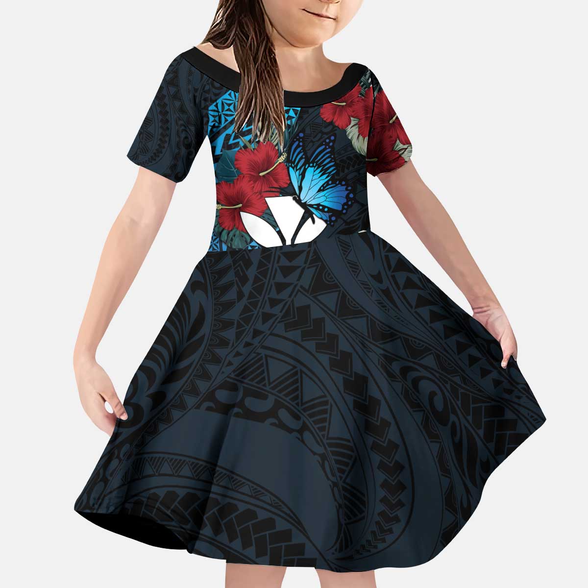 Hawaii Butterfly Kid Short Sleeve Dress Kanaka Maoli Mix Hibiscus DT04 KID Black - Polynesian Pride