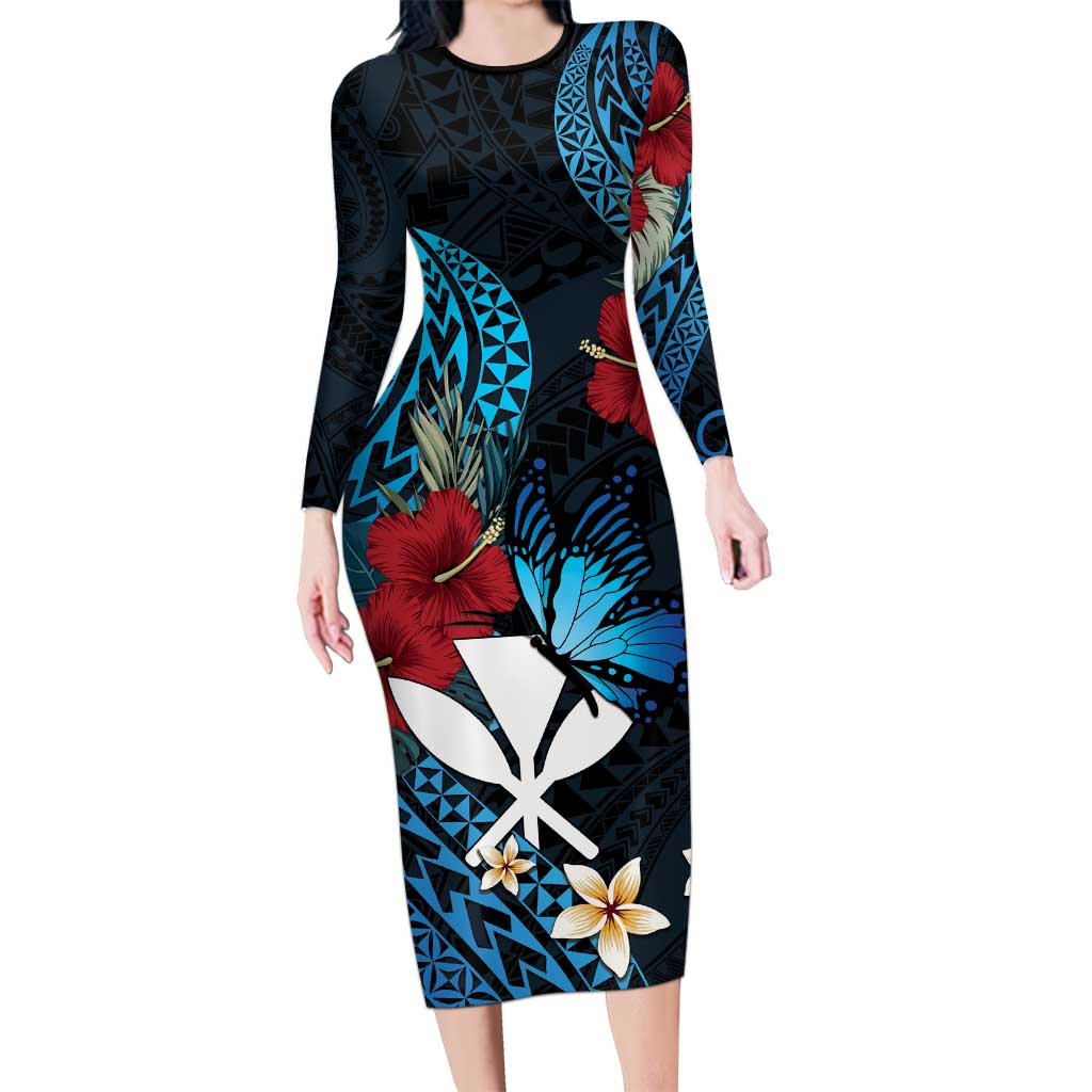 Hawaii Butterfly Long Sleeve Bodycon Dress Kanaka Maoli Mix Hibiscus DT04 Long Dress Black - Polynesian Pride