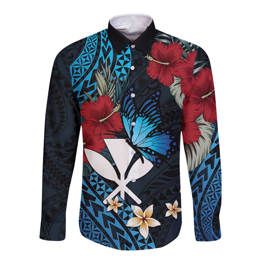 Hawaii Butterfly Long Sleeve Button Shirt Kanaka Maoli Mix Hibiscus DT04 Unisex Black - Polynesian Pride