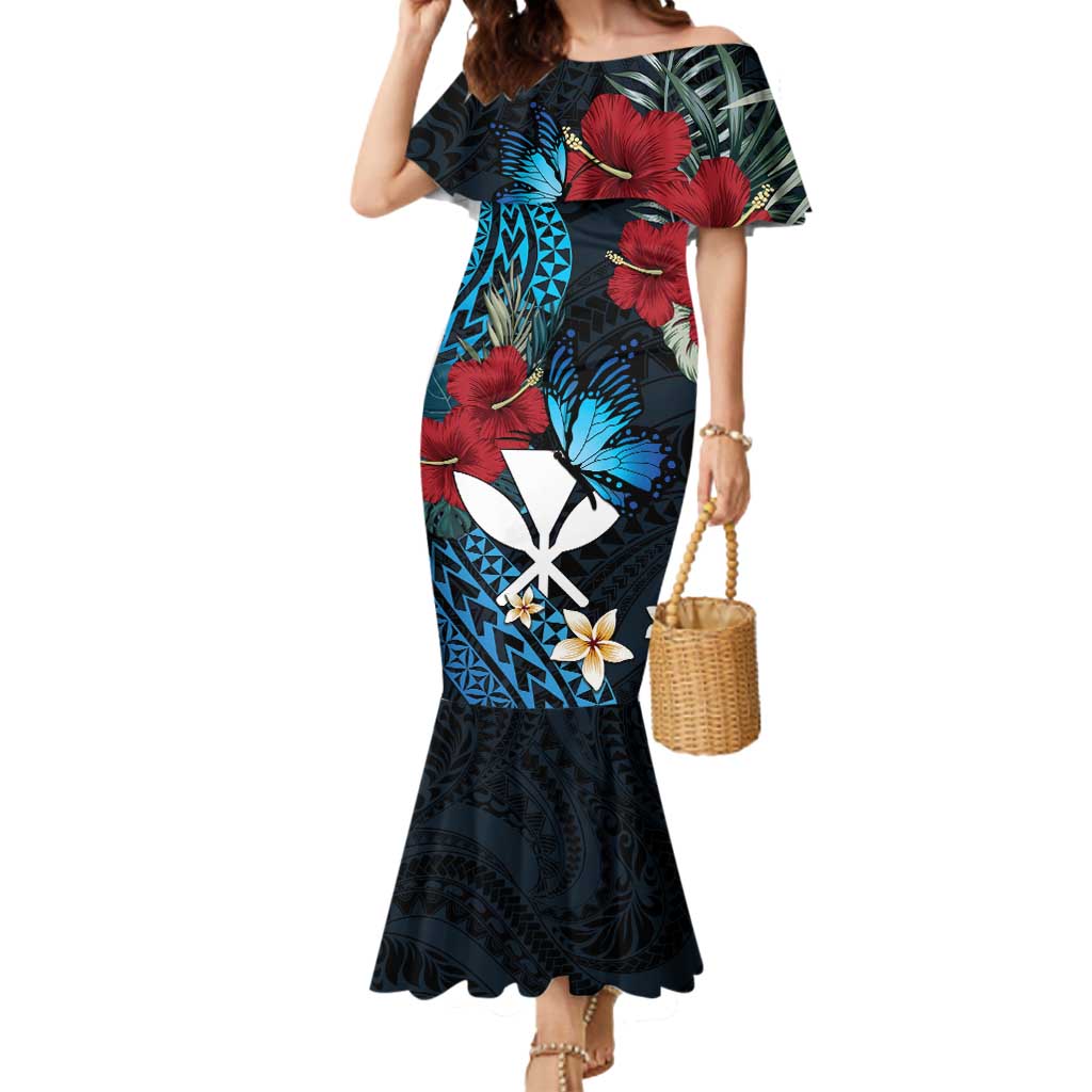 Hawaii Butterfly Mermaid Dress Kanaka Maoli Mix Hibiscus DT04 Women Black - Polynesian Pride
