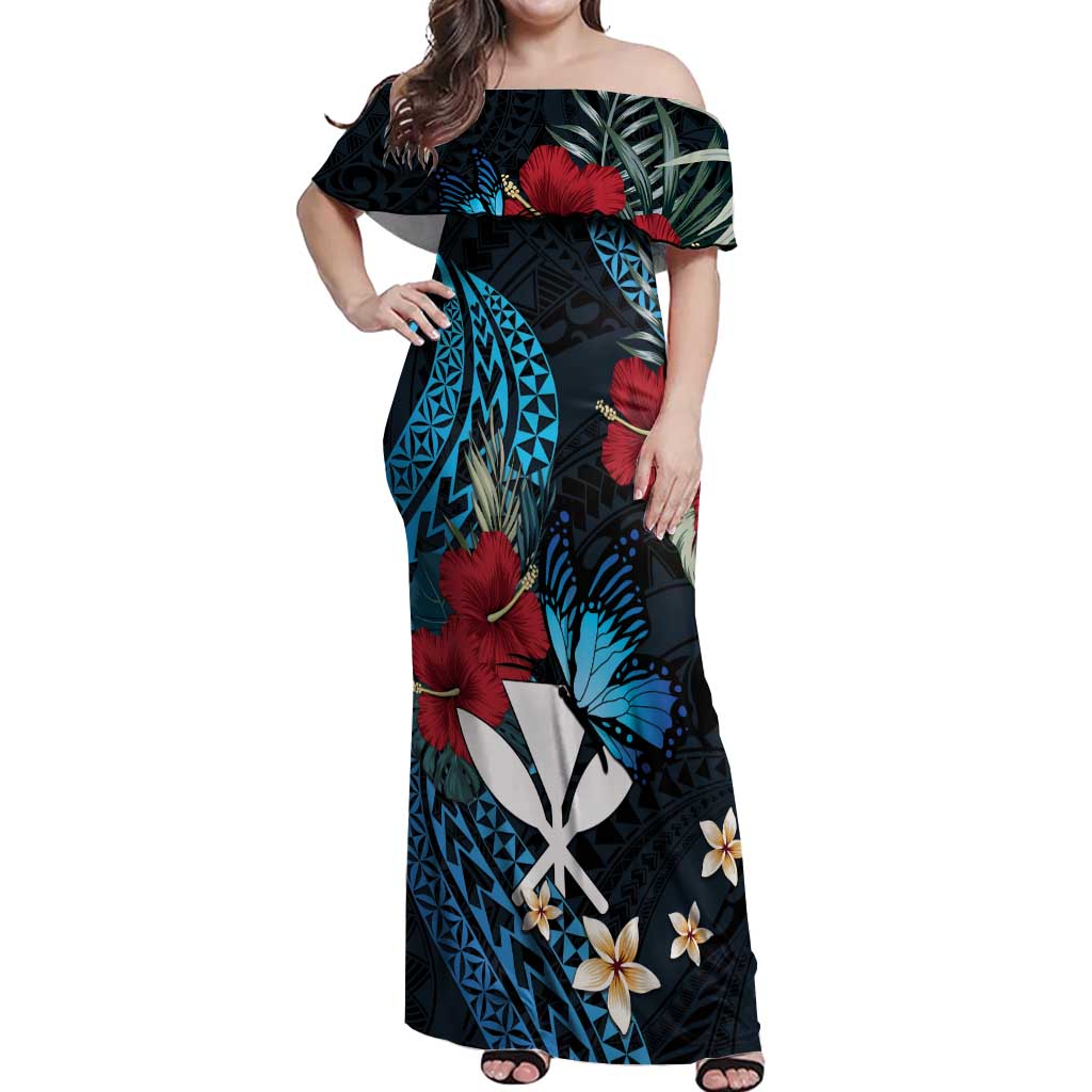 Hawaii Butterfly Off Shoulder Maxi Dress Kanaka Maoli Mix Hibiscus DT04 Women Black - Polynesian Pride