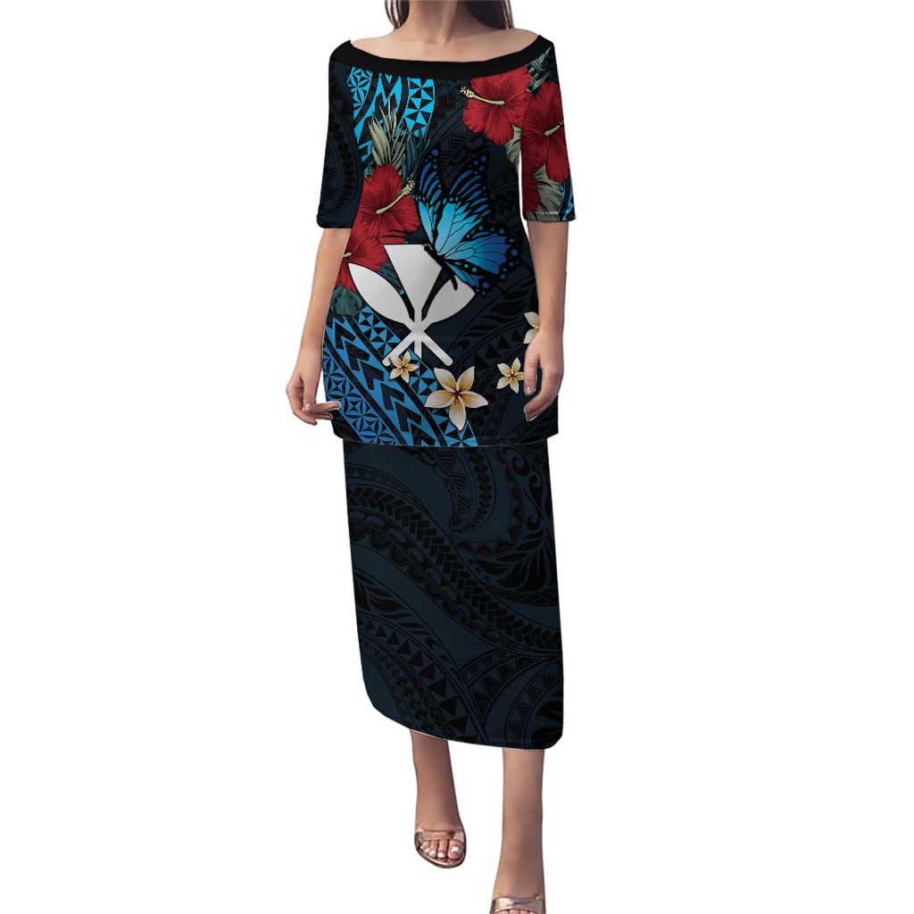 Hawaii Butterfly Puletasi Kanaka Maoli Mix Hibiscus DT04 Long Dress Black - Polynesian Pride