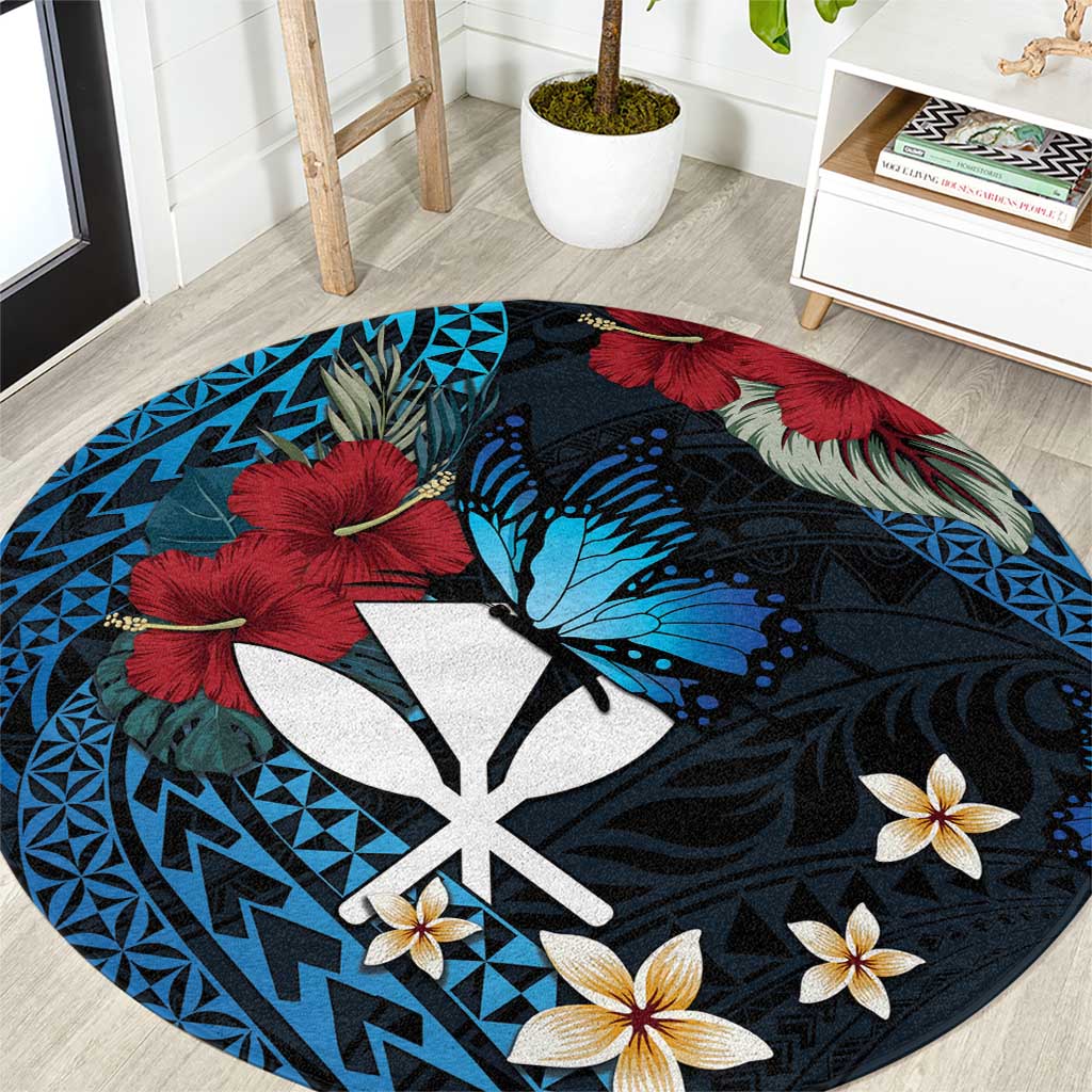 Hawaii Butterfly Round Carpet Kanaka Maoli Mix Hibiscus DT04 Black - Polynesian Pride