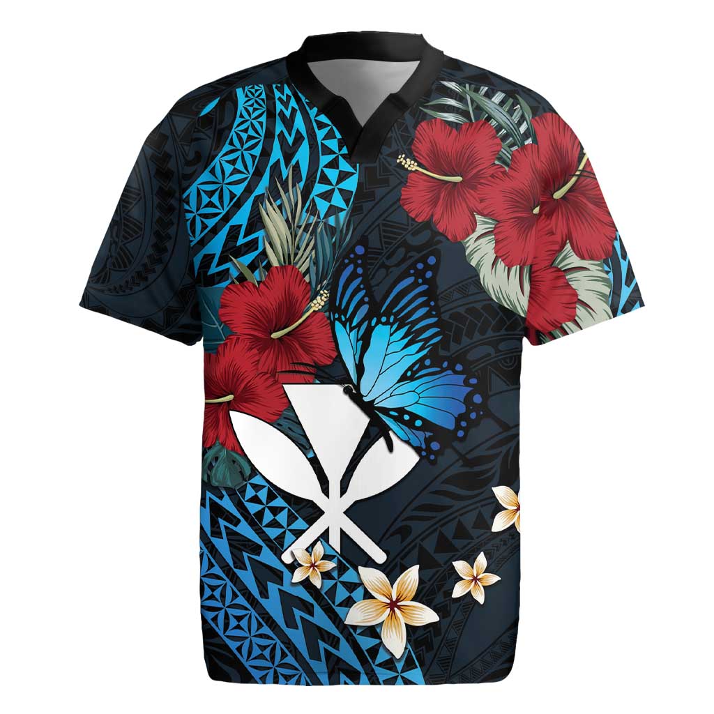 Hawaii Butterfly Rugby Jersey Kanaka Maoli Mix Hibiscus DT04 Black - Polynesian Pride