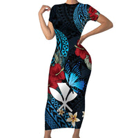 Hawaii Butterfly Short Sleeve Bodycon Dress Kanaka Maoli Mix Hibiscus DT04 Long Dress Black - Polynesian Pride