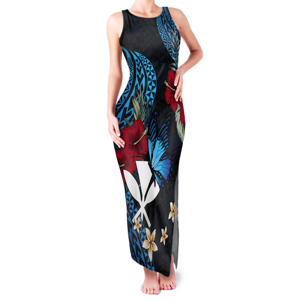 Hawaii Butterfly Tank Maxi Dress Kanaka Maoli Mix Hibiscus DT04 Women Black - Polynesian Pride