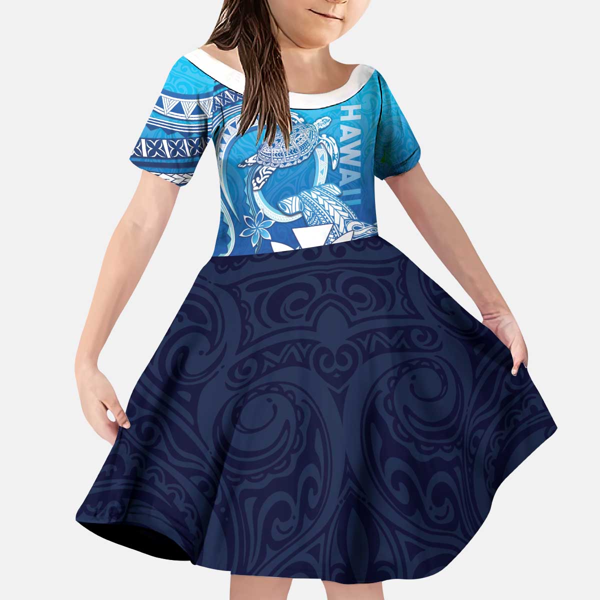 Hawaii Kid Short Sleeve Dress Turtle With Hammerhead Shark Oceanic DT04 KID Blue - Polynesian Pride