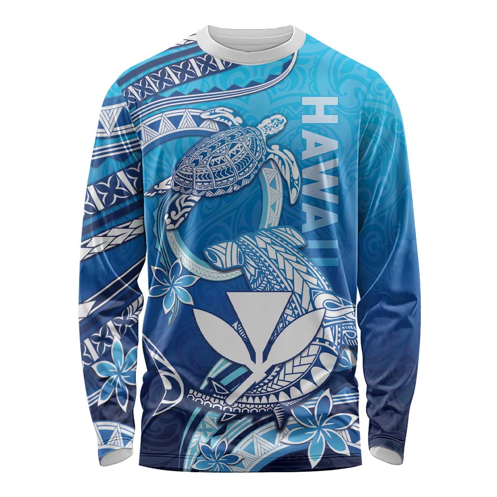 Hawaii Long Sleeve Shirt Turtle With Hammerhead Shark Oceanic DT04 Unisex Blue - Polynesian Pride