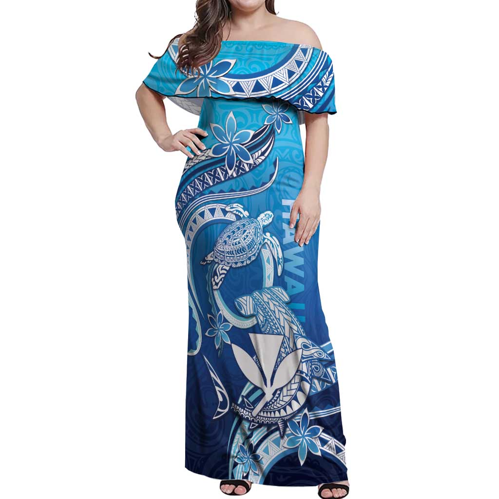 Hawaii Off Shoulder Maxi Dress Turtle With Hammerhead Shark Oceanic DT04 Women Blue - Polynesian Pride