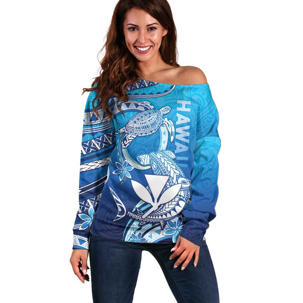 Hawaii Off Shoulder Sweater Turtle With Hammerhead Shark Oceanic DT04 Women Blue - Polynesian Pride