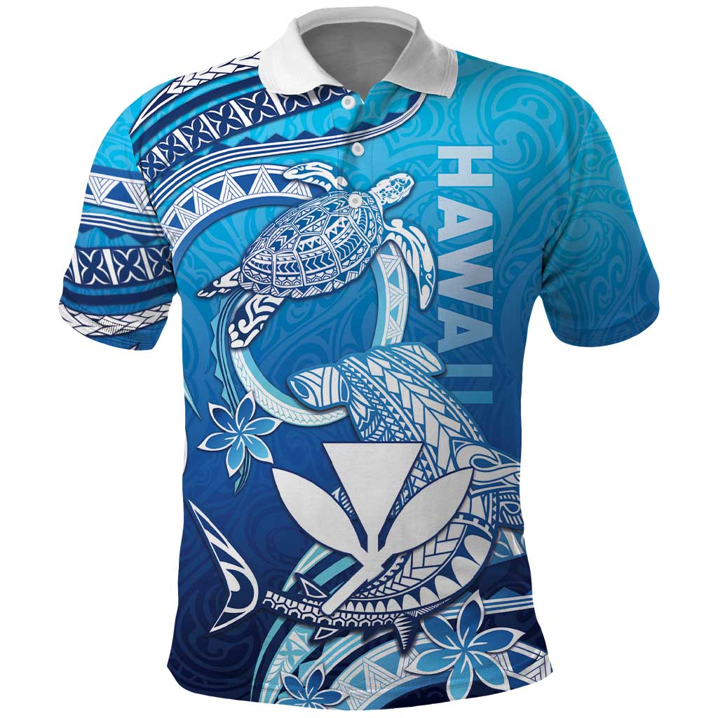 Hawaii Polo Shirt Turtle With Hammerhead Shark Oceanic DT04 Blue - Polynesian Pride