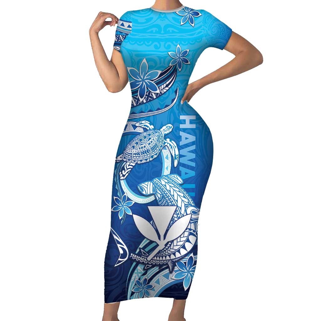 Hawaii Short Sleeve Bodycon Dress Turtle With Hammerhead Shark Oceanic