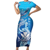 Hawaii Short Sleeve Bodycon Dress Turtle With Hammerhead Shark Oceanic DT04 Long Dress Blue - Polynesian Pride