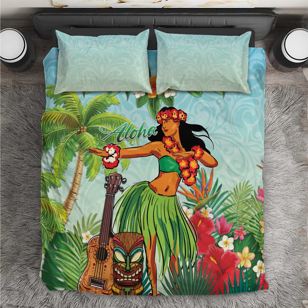 Hawaii Lei Day Bedding Set Hula Girl With Tropical Forest DT04 Blue - Polynesian Pride