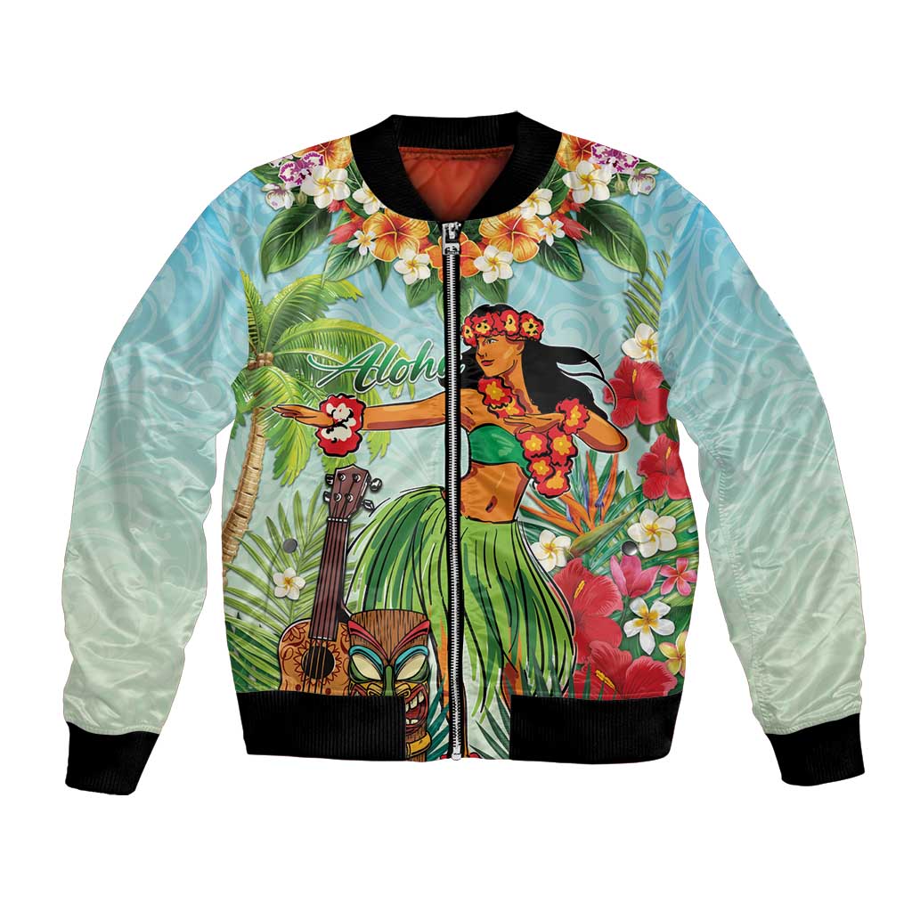 Hawaii Lei Day Bomber Jacket Hula Girl With Tropical Forest DT04 Unisex Blue - Polynesian Pride