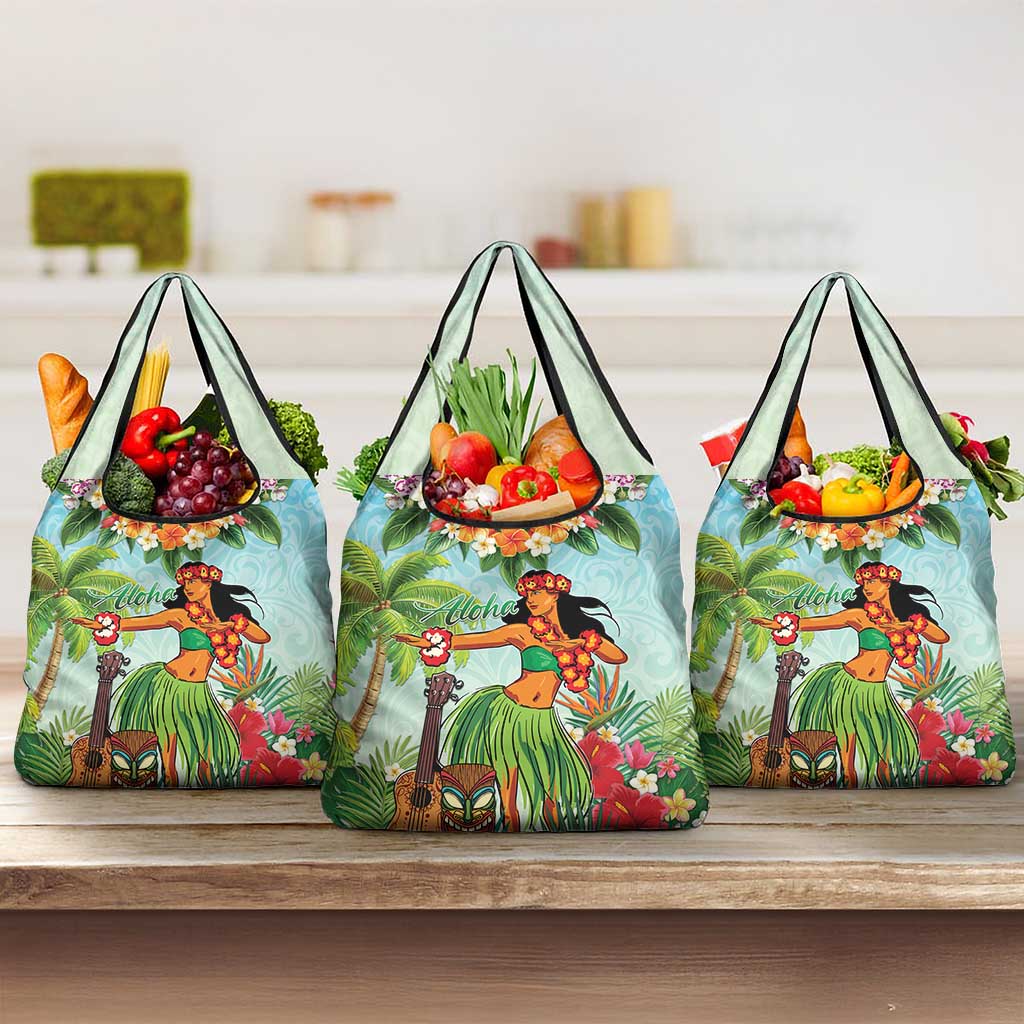 Hawaii Lei Day Grocery Bag Hula Girl With Tropical Forest DT04 3-pack One Size Blue - Polynesian Pride