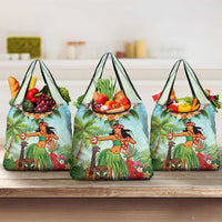 Hawaii Lei Day Grocery Bag Hula Girl With Tropical Forest DT04 3-pack One Size Blue - Polynesian Pride