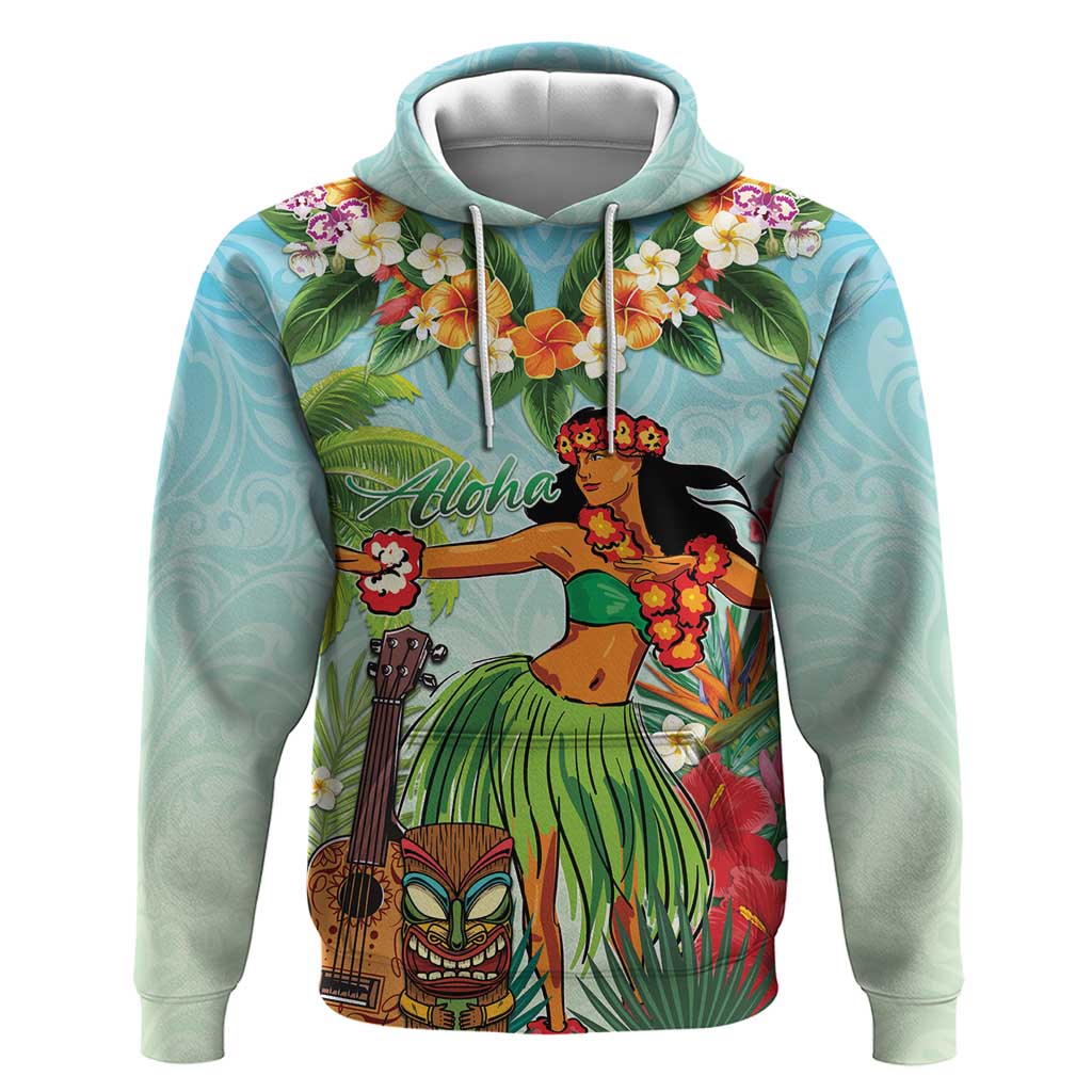 Hawaii Lei Day Hoodie Hula Girl With Tropical Forest DT04 Pullover Hoodie Blue - Polynesian Pride