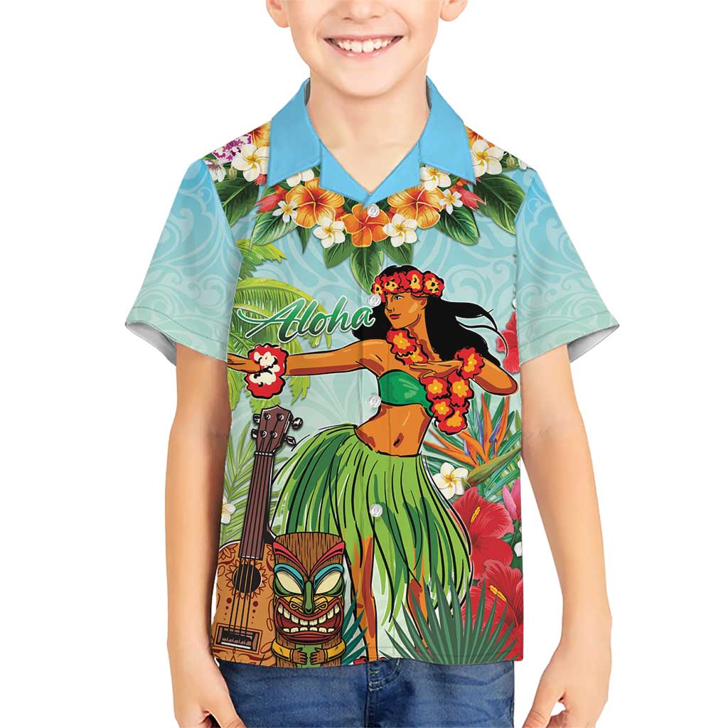 Hawaii Lei Day Kid Hawaiian Shirt Hula Girl With Tropical Forest DT04 Kid Blue - Polynesian Pride